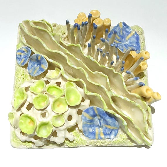 Coral Reef Tile Art Sculpture, Saltwater Aquarists, Tide Pool Marine SeaLife, Reef Tank Mushroom, Handmade Porcelain Ceramic 4.5" Tile