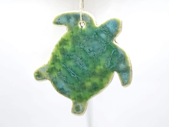 Handmade Baby Sea Turtle, Ceramic Coral Reef Creatures Wall Hanging Art, Ocean Aquarium Ornaments, Car Rearview Mirror Charm Decor, 4" Tall