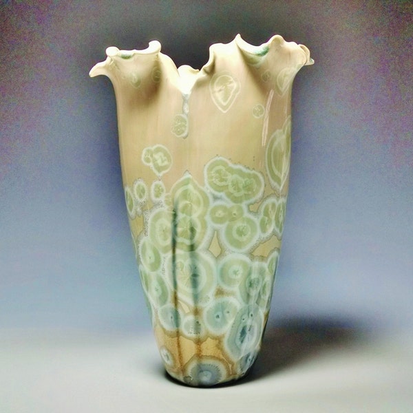 Crystalline Glaze Pottery, Blue Green Celadon Crystals on a Beige Vase, Wheel Thrown Porcelain Ceramic Art Vase, 9.5"Tall by 6" Wide