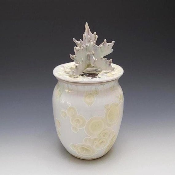 Crystalline Glazed Pottery Jar, Handmade Lidded Ceramic, Snowflake Design, 10"