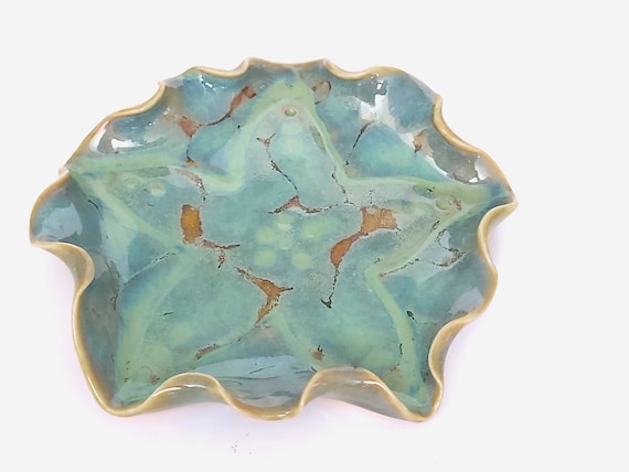Artisan Crafted Starfish Ring Holder: Jewelry Trinket Bowl- Spoon Rest in Turquoise Brown Glaze - Handmade Ceramic Porcelain Clay - 4" Round