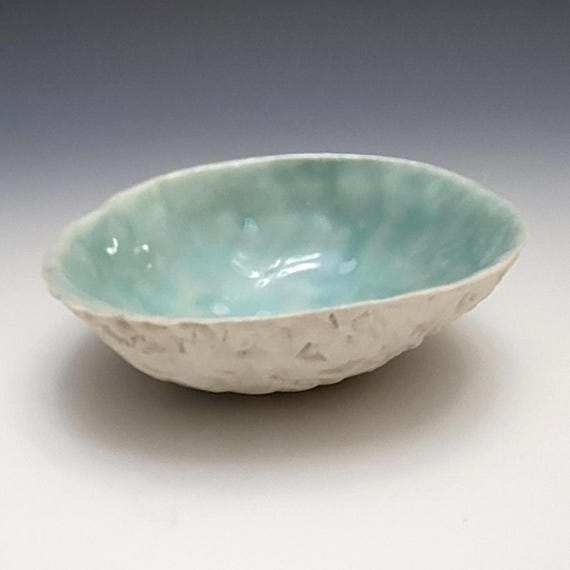 Hand Carved Ceramic Bowl, Turquoise Glaze, Porcelain Clay Pottery, Small Dish 4.5"