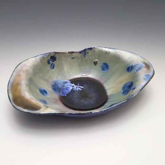 Handmade Blue Black Ceramic Bowl, Crystalline Glazed Pottery Organic Shape, Porcelain Clay, 8" Long