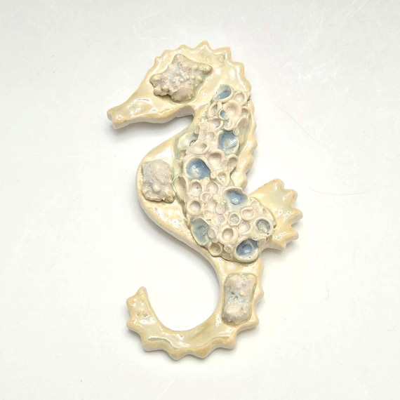 Handmade Golden Porcelain Seahorse, Wall Hanging Sculpture with Blue Coral Reef Details, Coastal Beach Decor