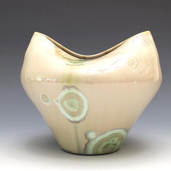 Handmade Ceramic Vase, Carmel Green Celadon Crystalline Glazed Pottery Porcelain Clay, 4.5" Tall