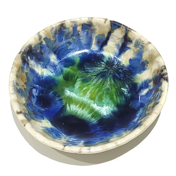 Handmade Ring Dish, Jewelry Trinket Bowl, Tea Bag Spoon Rest, Blue Green Crystalline Glazed Pottery Ceramic Porcelain Clay, 3.5" Round