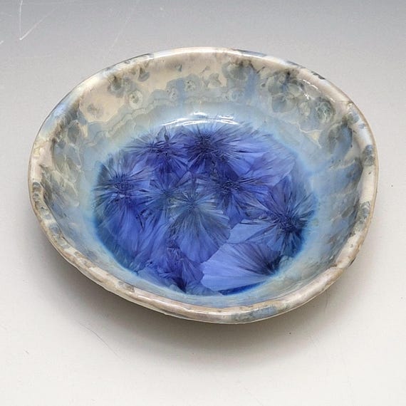 Blue Crystalline Glaze Porcelain Ring Dish, 3" Round Handmade Pottery