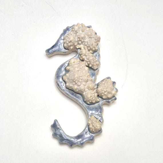 Handmade Blue and Sand Porcelain Seahorse Wall Hanging Sculpture with Reef Coral Details, Beach Coastal Decor