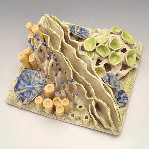 Handmade Ceramic Coral Reef Tile Sculpture, Marine SeaLife Art