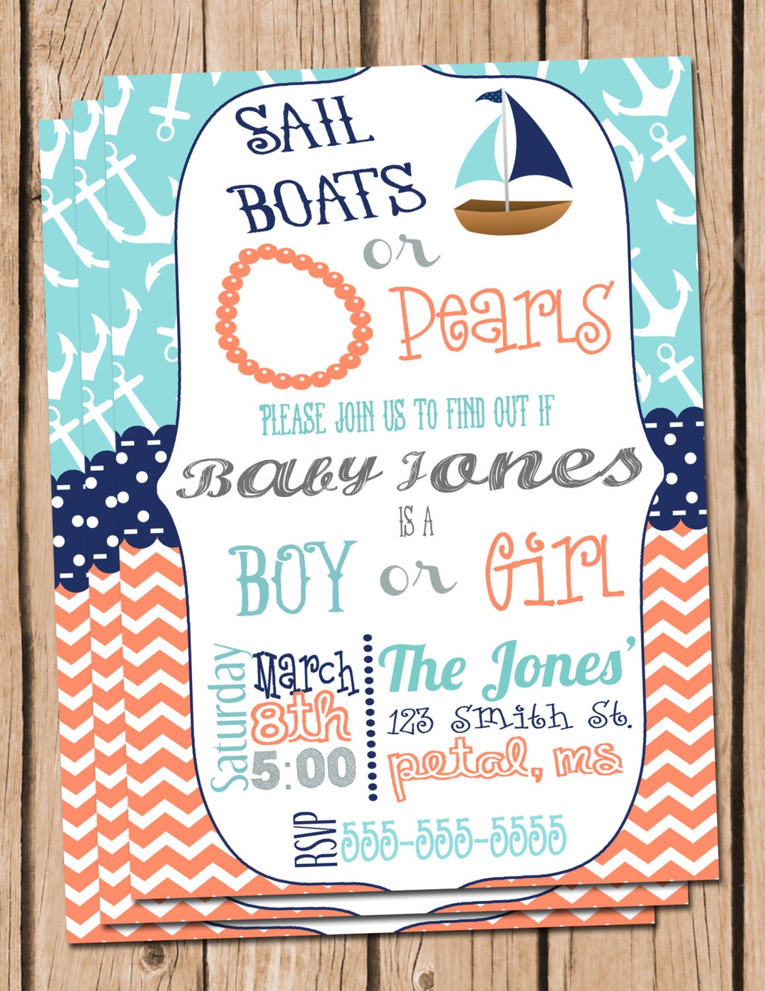 Gender Reveal Invitation Sail Boat or Pearls Invitation Nautical Gender ...
