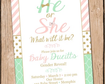 Gender Reveal Invitation He or She Gender Reveal Invite Mint and Pink Gender Reveal Invitation
