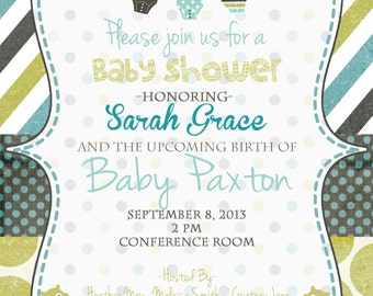 Baby Boy Shower Invitation, Green Gray Stripes, Polka Dots (Digital)