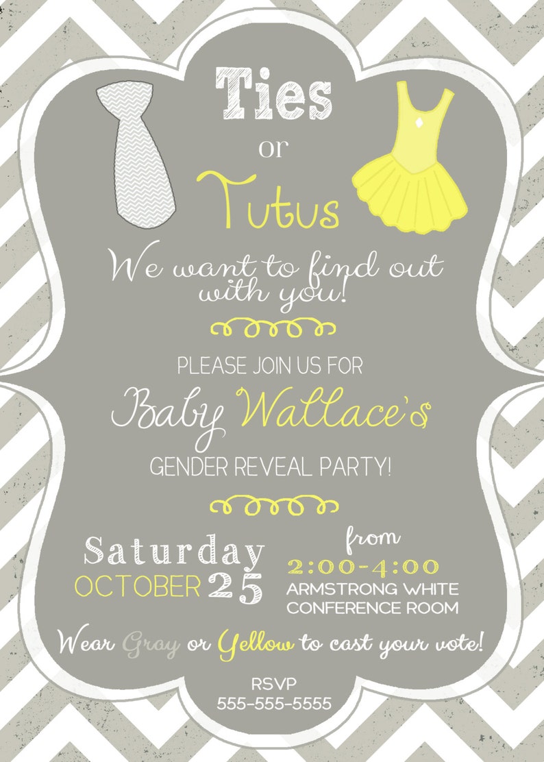 Ties and Tutus Gender Reveal Party Invitation Chevron Vintage Gender