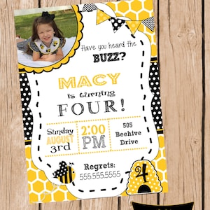 May include: A bumble bee themed invitation with a photo of a young girl. The invitation features a yellow, black, and white design with the text "Have you heard the BUZZ?" and details for a fourth birthday party. A gold option is also available.