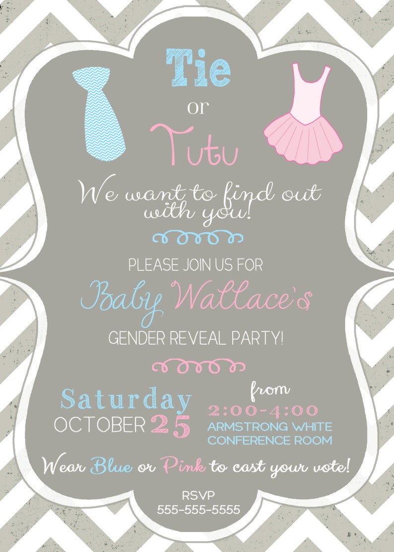 Ties and Tutus Gender Reveal Party Invitation Chevron Vintage Gender