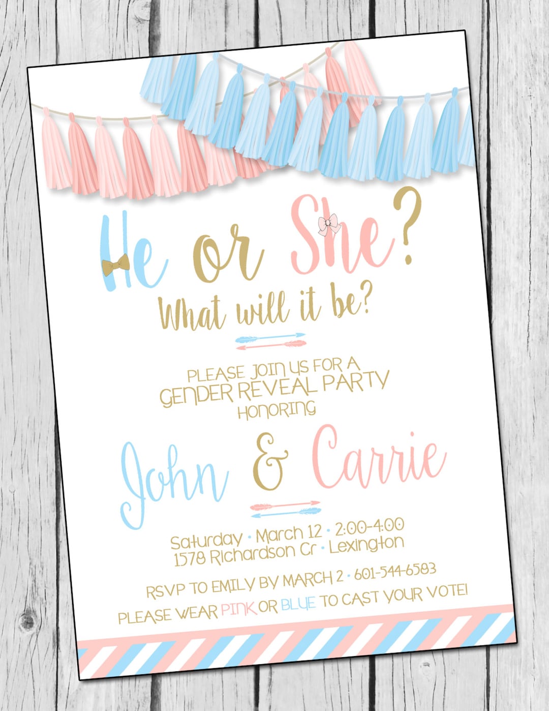 Gender Reveal Invitation He or She Gender Reveal Invite Blue and Pink ...