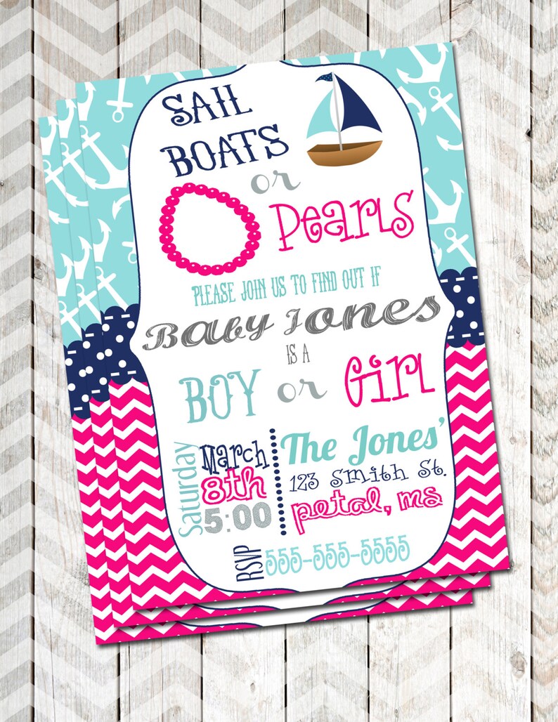 Gender Reveal Invitation Sail Boat or Pearis Invite Nautical Gender