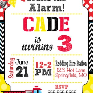 May include: A red and black fire truck with yellow wheels and a white background with red and yellow polka dots. The text reads "Sound the Alarm! Cade is turning 3. Saturday June 21 12-2 PM Redding Fire Station 123 Hot Lane Springfield, MO RSVP 555-555-5555"