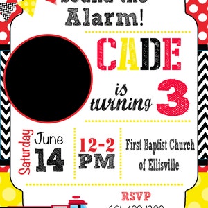 May include: A red and yellow birthday invitation with a fire truck theme. The invitation says "Sound the Alarm! Cade is turning 3" and includes the date, time, and location of the party.