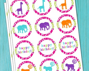INSTANT DESCARGA Zoo Cumpleaños Fiesta Favor Etiquetas/Cupcake Toppers Niñas Zoo Animal Cumpleaños Favor Etiquetas/Cupcake Toppers