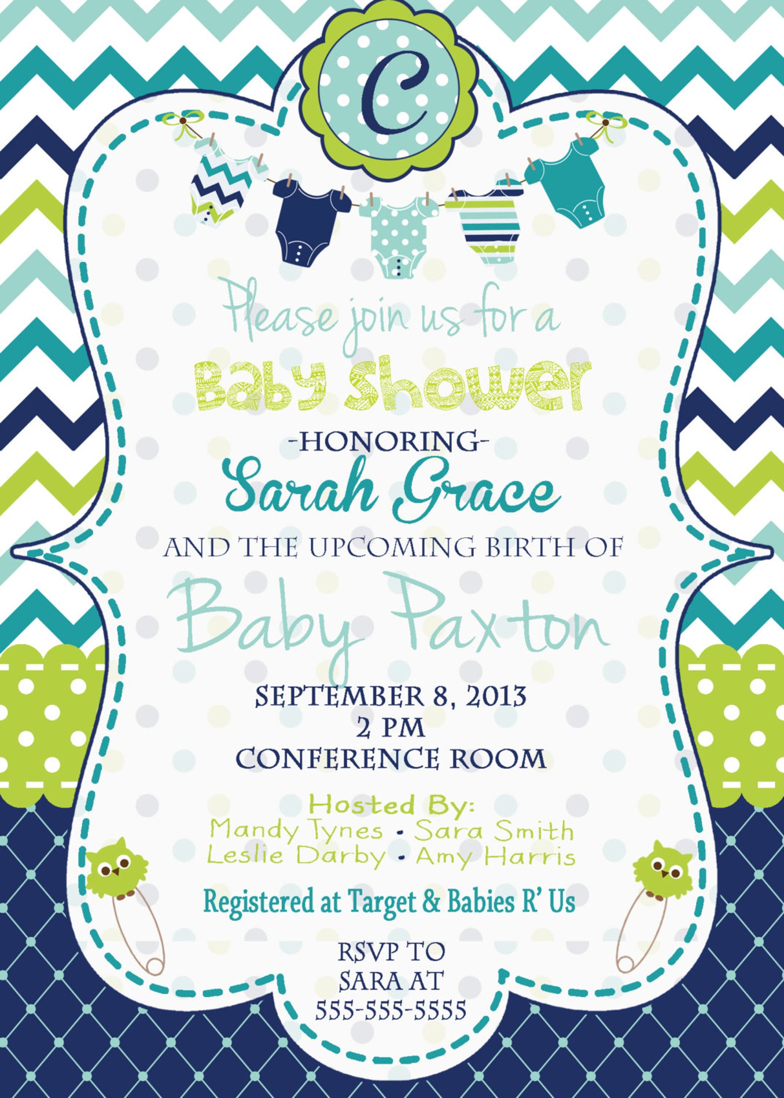 Baby Boy Baby Shower Invitation Baby Shower Invitation Blue, Green