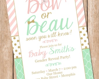 Gender Reveal Invitation Bow or Beau Gender Reveal Invitation Mint and Pink Gender Reveal Invitation
