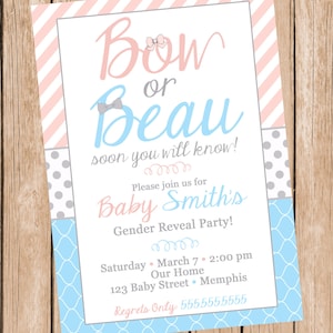 Gender Reveal Invitation Bow or Beau Gender Reveal Invite Blue and Pink Gender Reveal Invitation