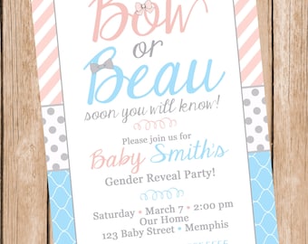 Gender Reveal Invitation Bow or Beau Gender Reveal Invite Blue and Pink Gender Reveal Invitation