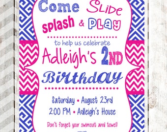 Girly Invitation Older Girl Party Invitation Bright Colors Birthday Invitation Splash Invitation Slide Invitation