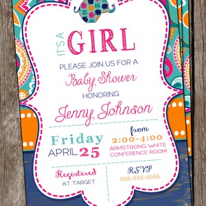 Baby Girl Baby Shower Invitation Elephant GIrl Baby Shower Invitation Pink and Blue Baby Girl Shower Invitation