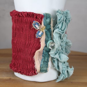 Handsewn Steampunk Cuff Bracelet Made From Tattered All Vintage Fabrics One Of A Kind