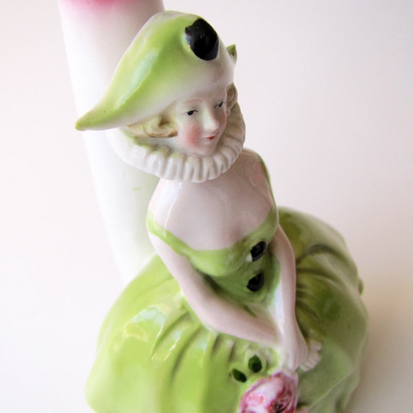 SALE! Vinatge German Boudoir Lamp Base Pierrette Girl In Masquerade Costume Pale Green And Pink Roses, Needs Wiring & Lamp Shade