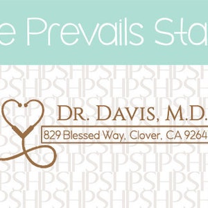 May include: A brown rubber stamp with a stethoscope and heart design. The text "DR. DAVIS, M.D." and "829 Blessed Way, Clover, CA 92647" is printed on the stamp.