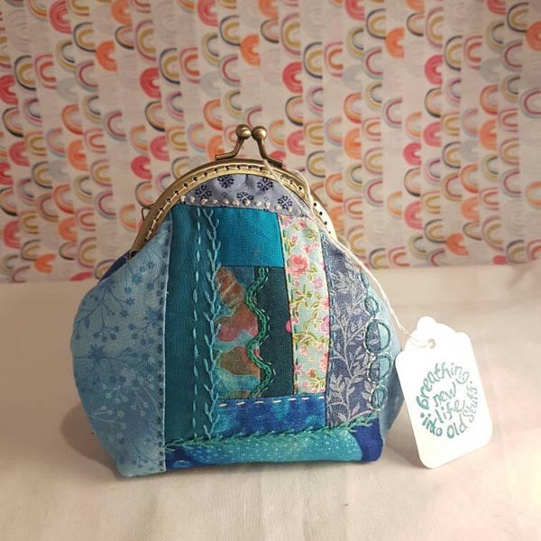 Blue Patchwork Penny Purse, Handmade Coin Purse, Embroidered Coin Purse, Recycled Fabric Purse