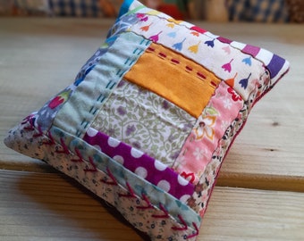 Pincushion, patchwork pincushion, pin cushion, quilted pincushion, hand embroidered pincushion