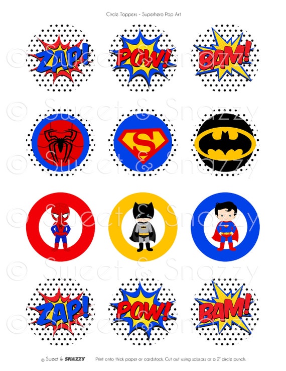 Instant Download - 2 inch Circle Toppers - Superhero Pop Art, Batman, Spiderman, Superman, Heroes, Gift Tag, Party Favour Il_570xn
