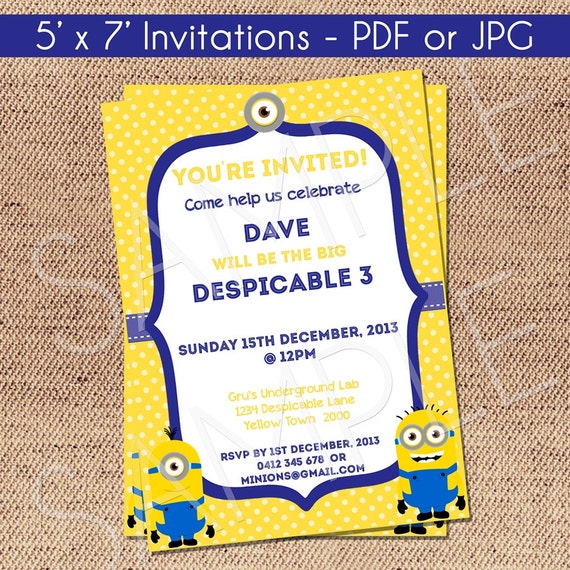 Minions Invitation - 5' x 7' PDF or JPG (Despicable Me) Il_570xn