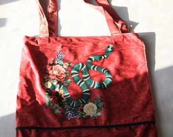 Velvet Handmade Shopping Bag pink - snake&Flower- Green and Pink- 40x40cm