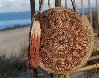 Handwoven Jute round bag -Orange print and orange pompom- Beach bag| Tote Bag| round shoulder bag| summer bag| Jute bag