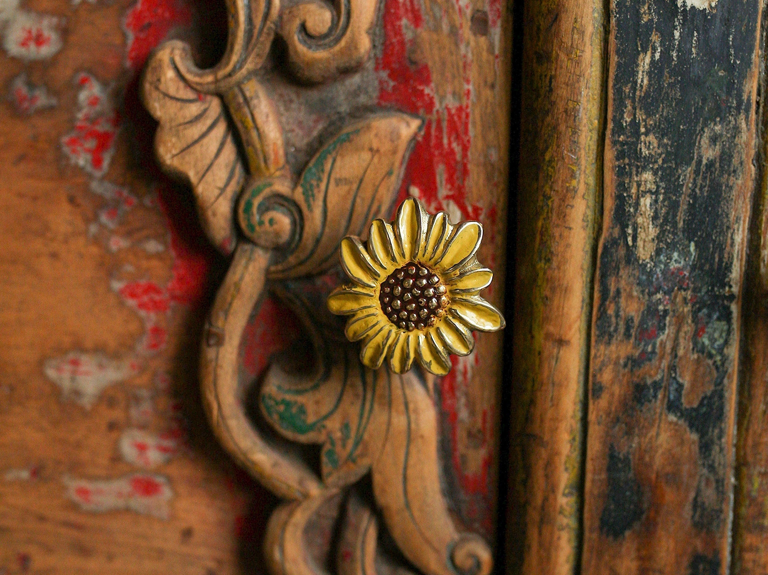 Bouton Tournesol en Laiton Fait Main - Bouton de Tiroir| Boutons d'armoire| Poignée Porte| Patère| P
