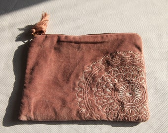 Velvet Handmade Pouch Pink -mandala print 26x18cm- Makeup Bag-Mistress Pouch-Jewelry Case-Tablet Pouch