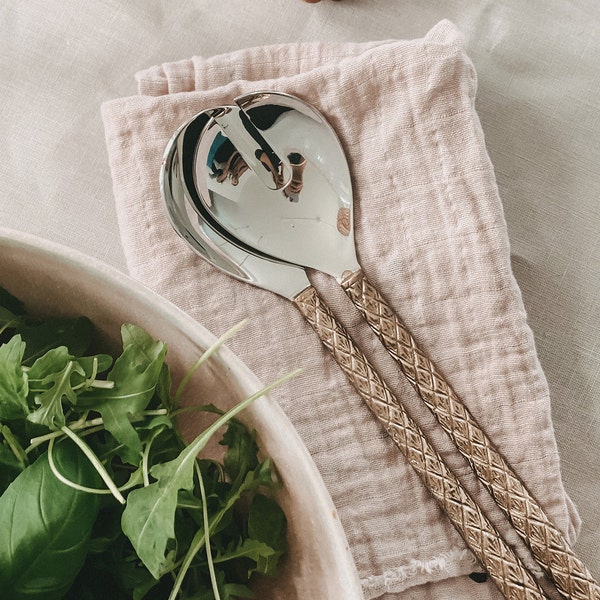 Box Set of 2 salad servers 26 cm with brass handles - Handmade - Tableware