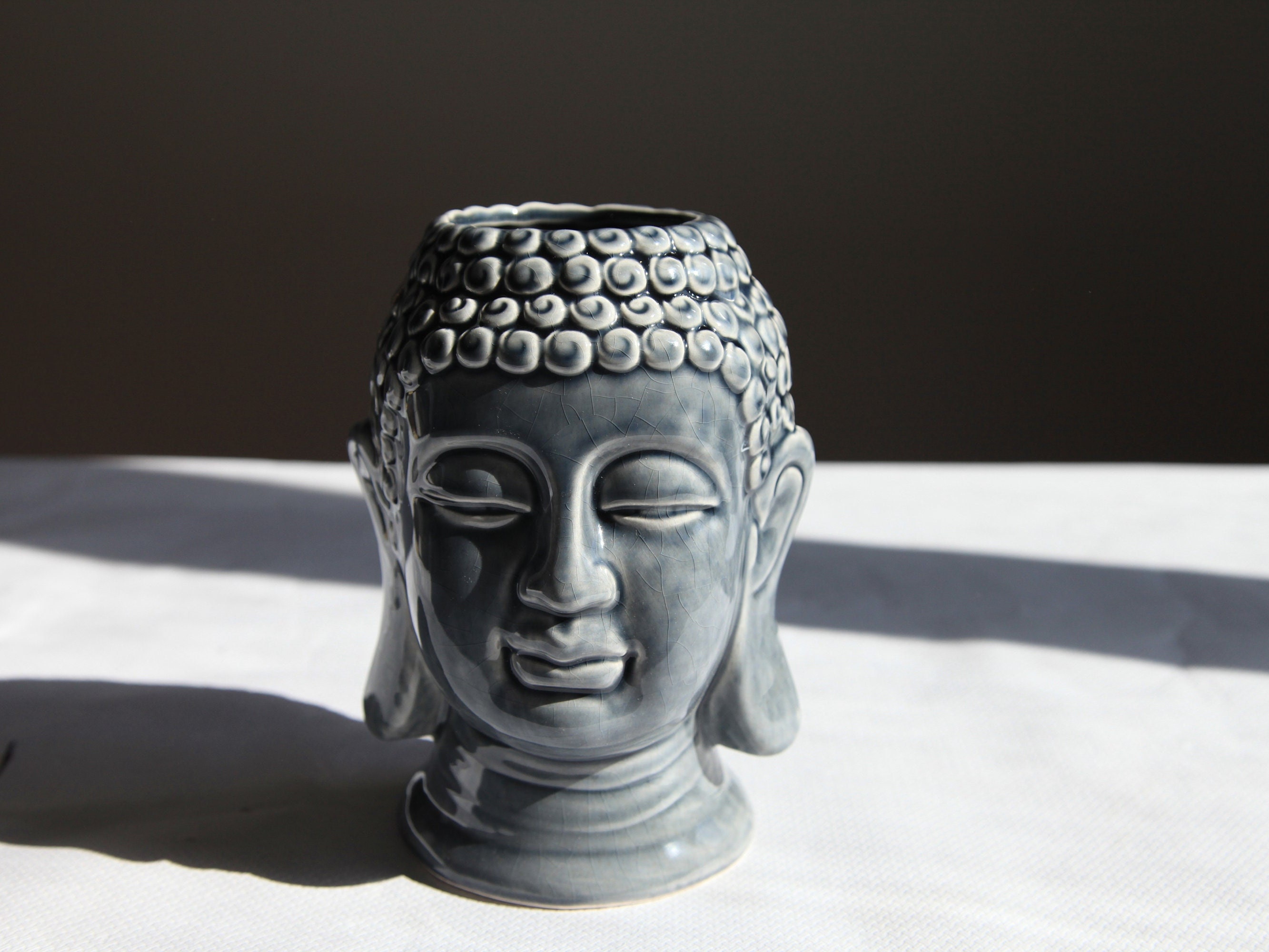 Cache-Pot Tête de Bouddha en Céramique Couleur Bleu- Hauteur 20cm - Pot Fleurs Bouddha Vase