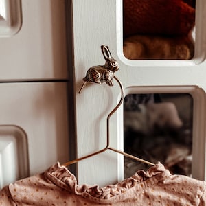 Peut inclure: Une figurine de lapin dorée fixée à un cintre en fil de fer doré. Le cintre est accroché à une porte de placard blanche. Une chemise à pois rose et blanche est accrochée au cintre.