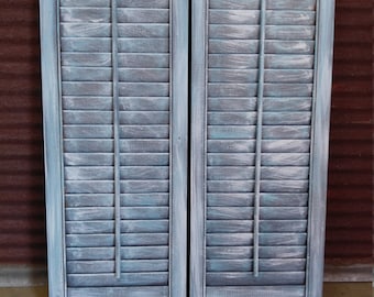 Set of 2 Wood Shutters - Dark Gray/Teal/White Antique Distressed