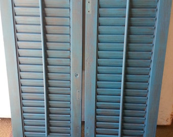 Set of 2 Wood Shutters - Vintage Teal Antique Distressed