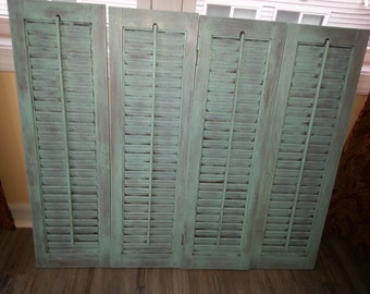 Set of 4 Wood Shutters - Teal Antique Distressed