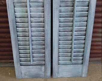 Set of 2 Wood Shutters - Dark Gray/Teal/White Antique Distressed