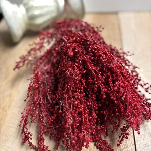 May include: A bundle of vibrant red decorative stems with small, round berries. The stems are arranged on a light brown wooden surface, with a blurred white decorative object in the background. The berries have a glossy finish.