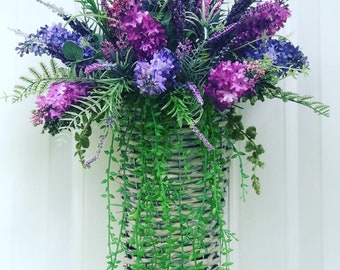 Lilac Summer Basket Wreath, Front Door Decor, Hanging Greenery